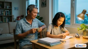 Bố kèm con học tại nhà, con tự làm bài trong góc học gọn gàng