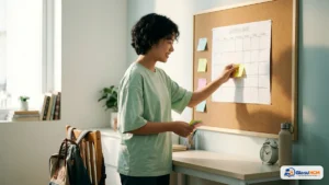 Học sinh lập kế hoạch học tập theo tuần trên lịch giấy tại bàn học