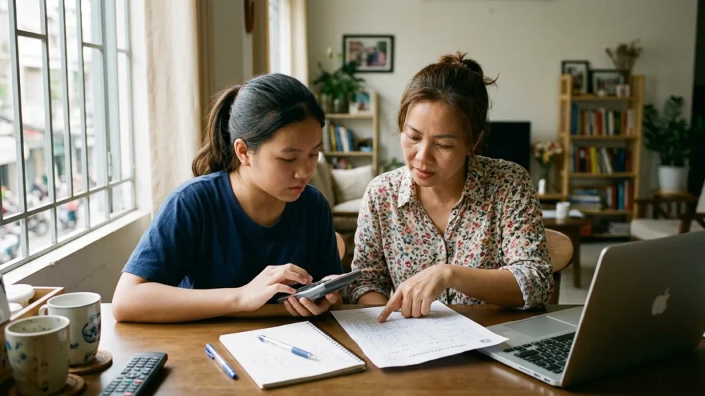 Phụ huynh và con gái tại TP.HCM cùng tính điểm xét tuyển đại học bằng máy tính cầm tay