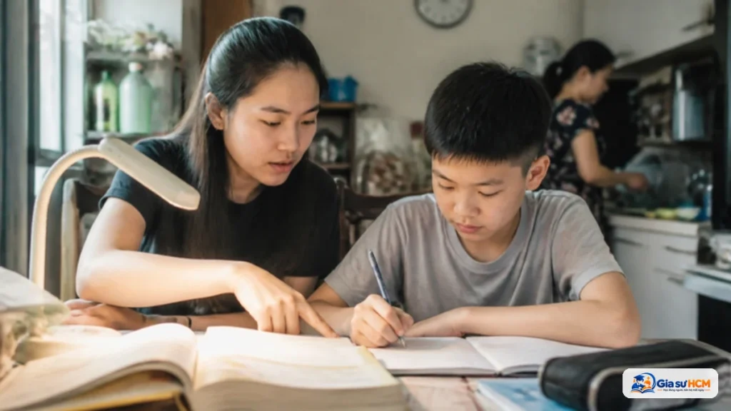 Gia sư là gì: gia sư trẻ kèm học sinh THCS làm bài tại bàn học ở nhà tại TP.HCM