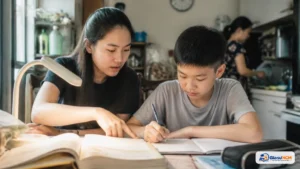 Gia sư là gì: gia sư trẻ kèm học sinh THCS làm bài tại bàn học ở nhà tại TP.HCM