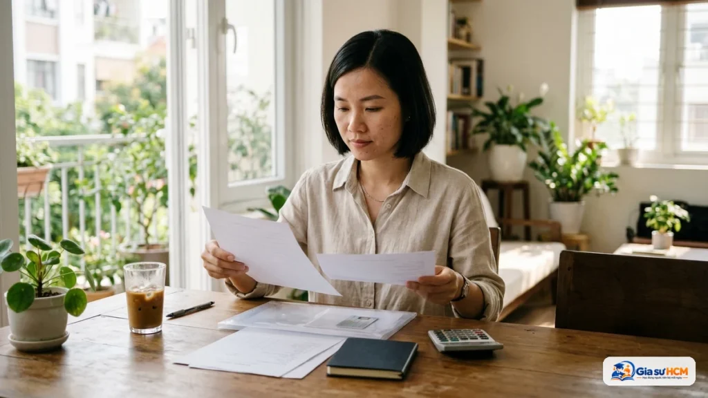 Gia sư tại nhà sắp xếp giấy tờ cá nhân và sổ ghi chép thu nhập trước khi đi dạy