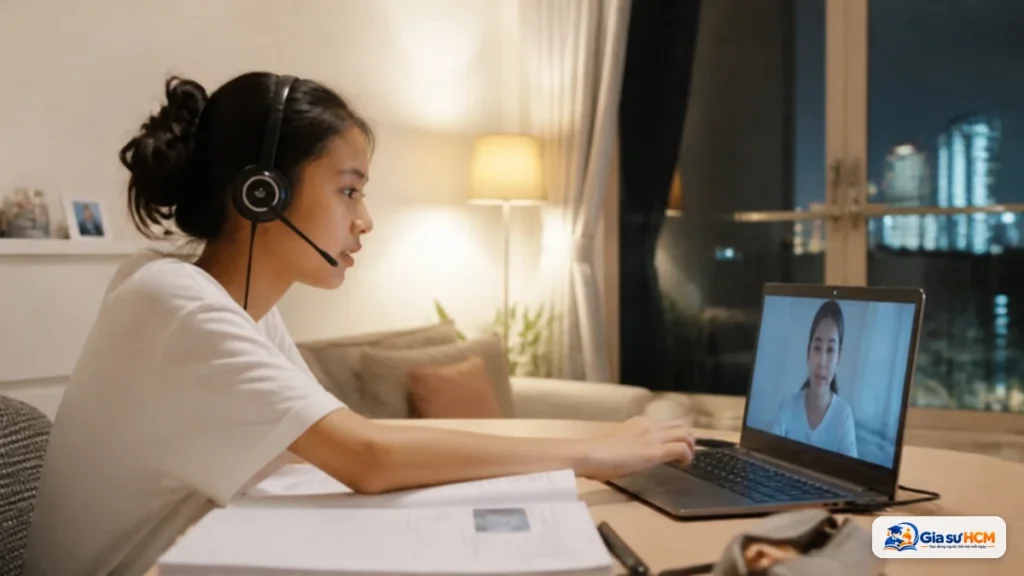 Học sinh THCS học gia sư tiếng Anh 1 kèm 1 online bằng laptop và tai nghe tại nhà ở TP.HCM
