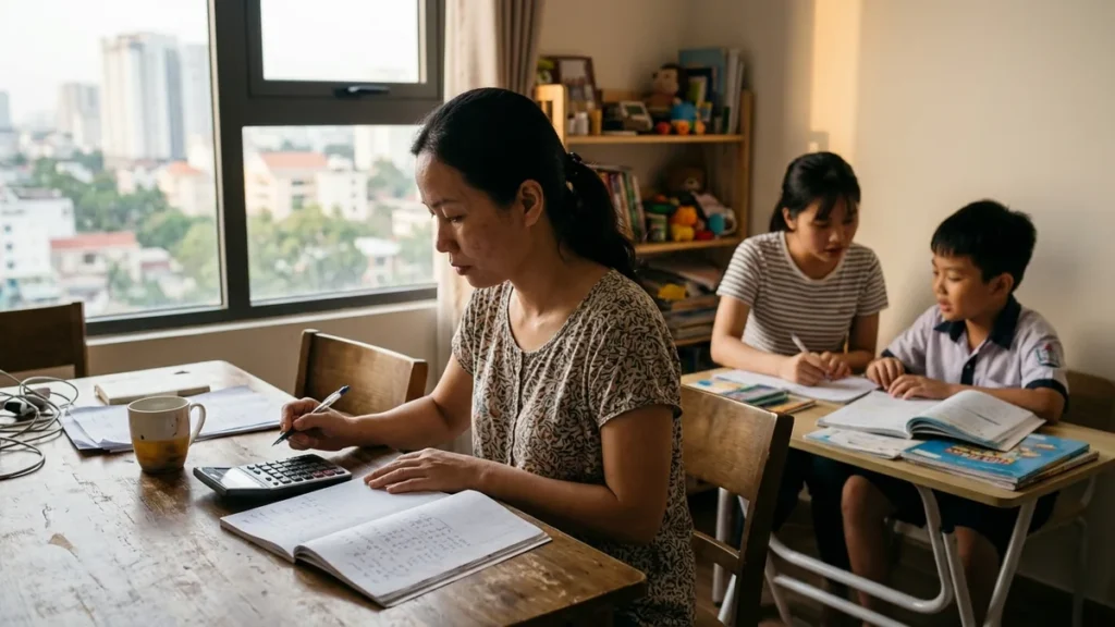 Phụ huynh tại TP.HCM xem bảng học phí gia sư trong khi con học kèm cùng gia sư tại nhà