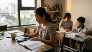 Phụ huynh tại TP.HCM xem bảng học phí gia sư trong khi con học kèm cùng gia sư tại nhà