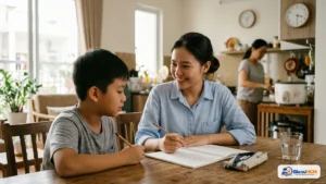 Gia sư trẻ hướng dẫn học sinh THCS làm bài trong buổi dạy gia sư đầu tiên tại phòng khách