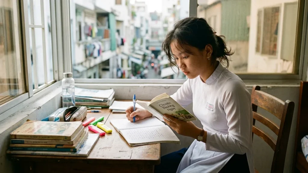 Nữ sinh lớp 9 ở TP.HCM ôn thi Ngữ văn vào lớp 10, đọc sách và ghi chép bên cửa sổ