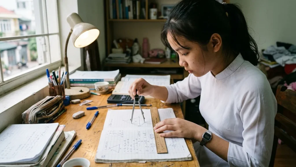 Học sinh lớp 9 giải bài toán hình học ôn thi vào lớp 10