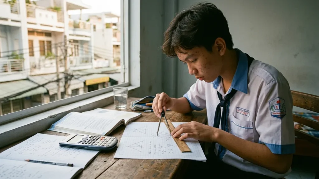 Học sinh lớp 9 ở TP.HCM ôn thi vào lớp 10 môn Toán, giải bài hình học trên bàn học