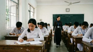 Thí sinh làm bài thi tốt nghiệp THPT 2027 trong phòng thi tại TP.HCM