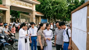 Học sinh lớp 9 xem thông tin tuyển sinh lớp 10 TP.HCM trước cổng trường THPT
